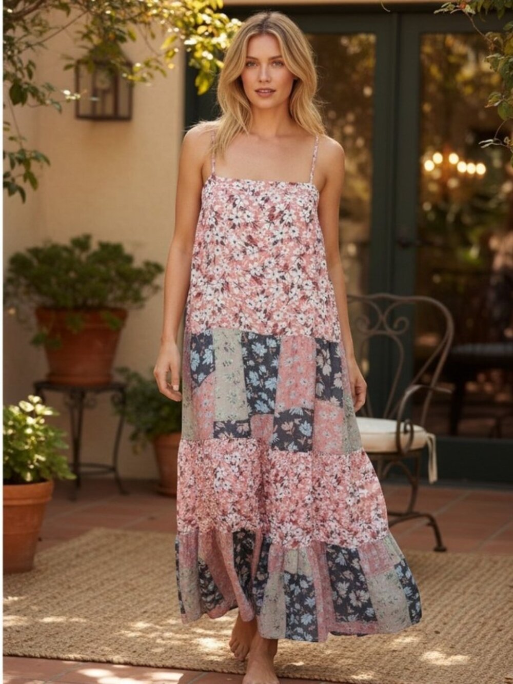 Davi‎ & Dani Pink Floral Patchwork Tiered Maxi Dress Spaghetti Strap